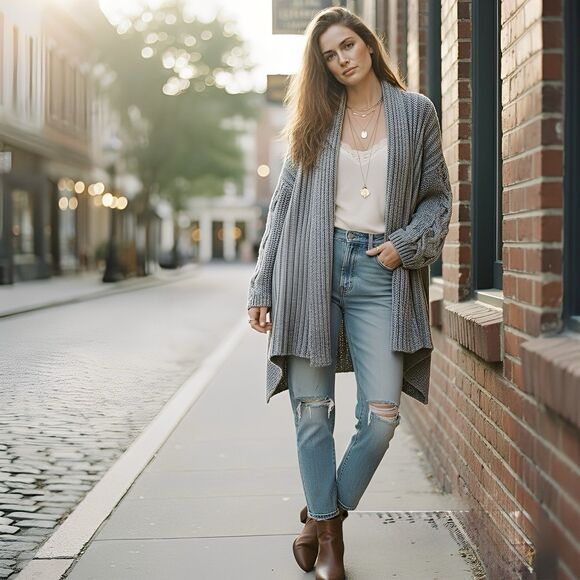 Kenar Womens Sz Medium Cardigan Sweater Open Front Gray High Low Alpaca Cozy - Picture 1 of 14